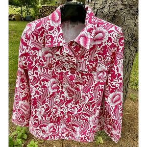 DG2 Diane Gilman Pink White Floral Scroll Denim Jacket XL Trucker Button Front